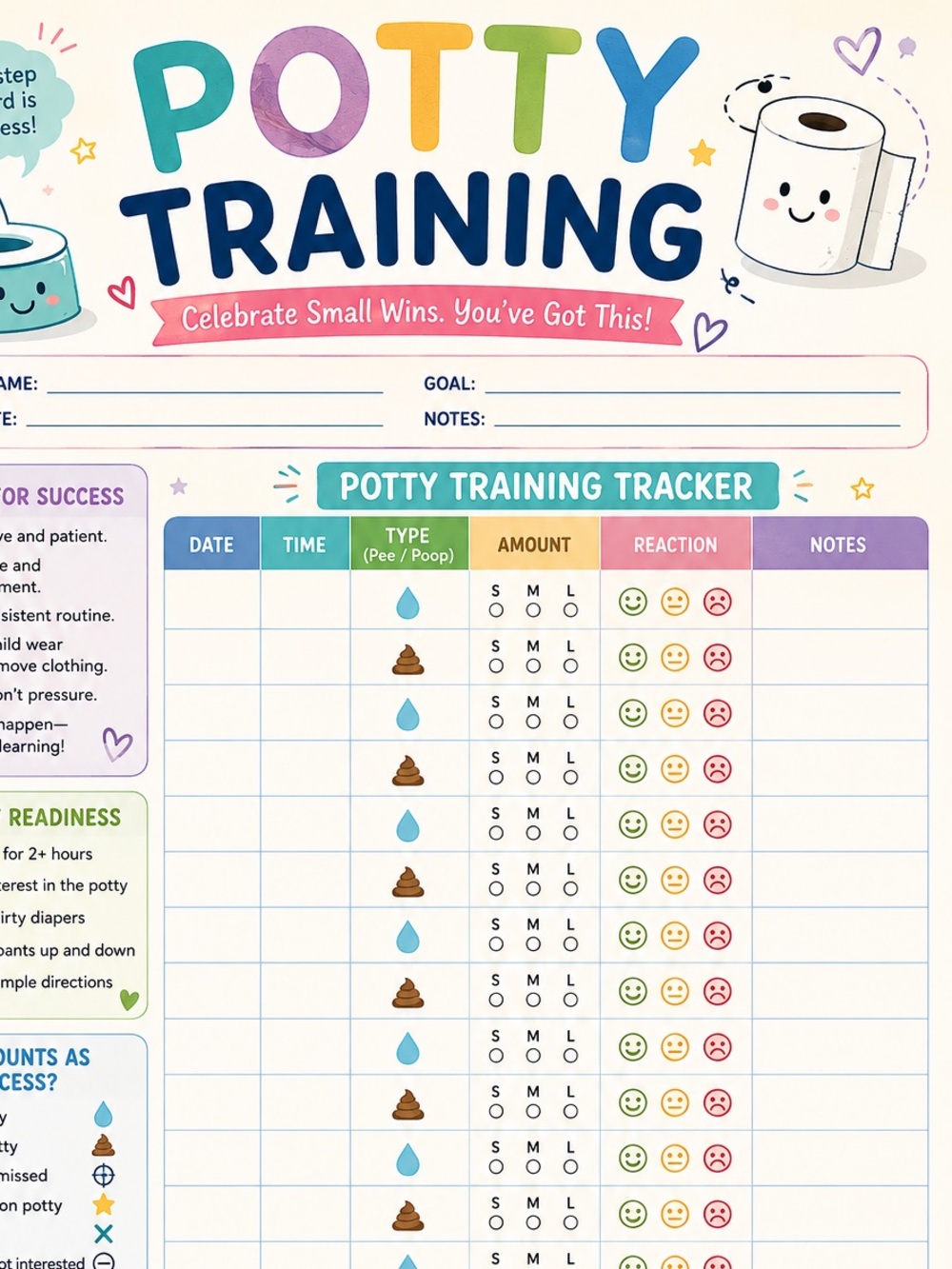 Potty Training Tracker Poster - Colorful Child Reward Chart
